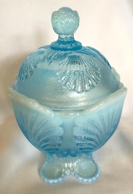 Covered Sugar Bowl - Beaded Shell Pattern - American Made - Mosser Glass USA (Aqua Opalescent)