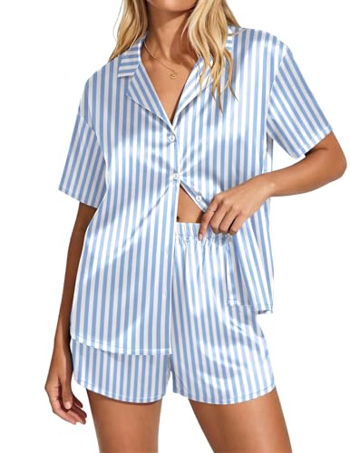 Image of Ekouaer Womens Satin Pajama Set Short Sleeve Button Down Sleepwear 2 Piece Silky Pj Set Soft Loungewear for Ladies