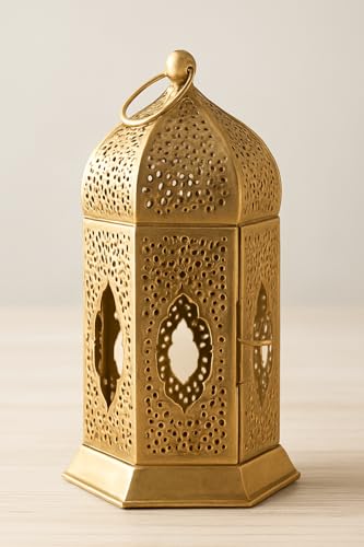 Image of The Purple Tree Brass Moroccan Lantern Lamp Tealight Candle Holder for Diwali Decor (Gold), Diwali tealight Candle Holder, Gift for deepawali