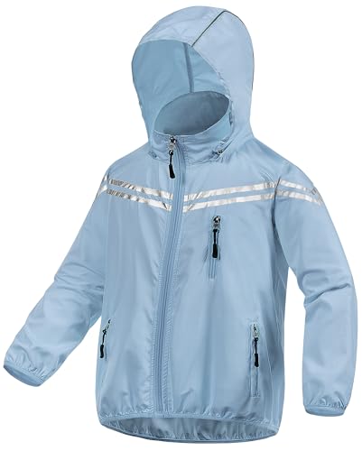Image of CREATMO US Boys Girls Rain Coat Kids Reflective Cycling Jacket Waterproof Packable Children Windbreaker With Removable Hood