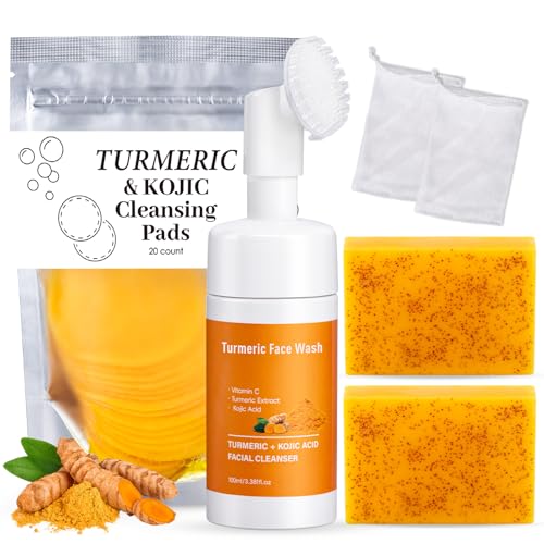 Treeroot 4Pcs Turmeric Face Wash Set: 2Pcs 70g Turmeric Kojic Acid Soap & Turmeric Face Wash with Brush & Turmeric Face Scrub Pads Face & Body Cleanser Cleansing Mousse for Deep Cleansing