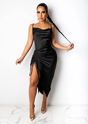 Women's Spaghetti Strap Satin Dress Sexy Backless Drawstring Ruched Split Hem Cocktail Evening Party2