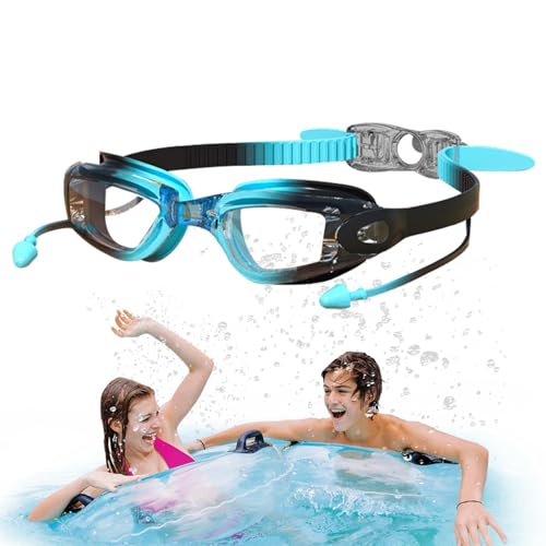 Generisch Gafas de natación para niños, antivaho, correa cómoda, protección UV, visión clara, sin fugas, gafas de natación juveniles con tapones para los oídos para niños