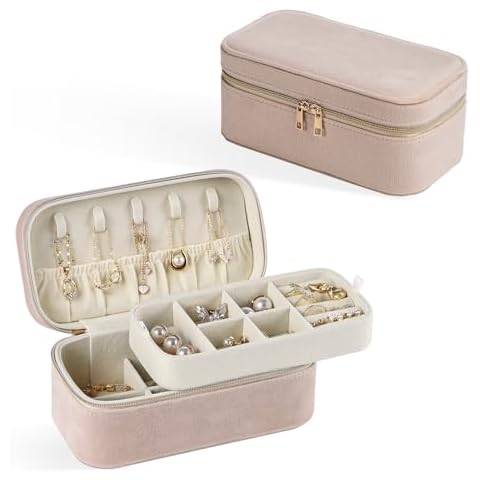 CASEGRACE Travel Jewelry Case,2-Layer Jewelry Holder Organizer Display Box,7.08x 3.8x 3 .1Inches Portable Jewelry Box for Necklace Earring Rings Bracelet Sunglasses lipstick Best Gift (Apricot) Cover