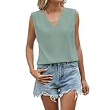 Plissiertes Tanktop Damen ärmellos V-Ausschnitt Chiffonbluse Casual Basic Oberteil Geschäftliches T-Shirt Für Büro und Berufsalltag(Green, L)