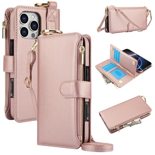 Étui portefeuille en cuir pour iPhone 14 Plus, clapet or rose haute finition