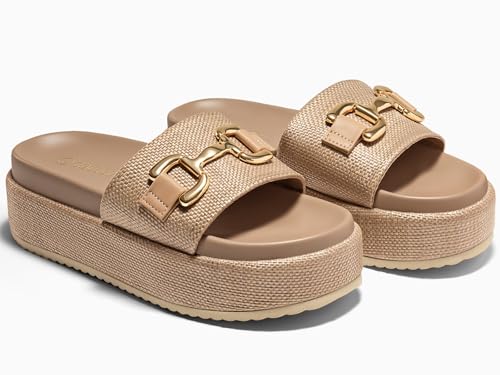 Image of Coutgo Womens Platform Sandals Raffia Espadrilles Metal Chain Slip on Open Toe Cute Beach Slide Sandals