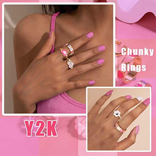 Subiceto 9 Pcs Chunky Y2K Rings For Women Colorful Resin Acrylic Rings Funky Evil Eyes Butterfly Heart Flower Yin Yang Rings,Aesthetic Statement Knuckle Rings Set For Women Pink #TOP1