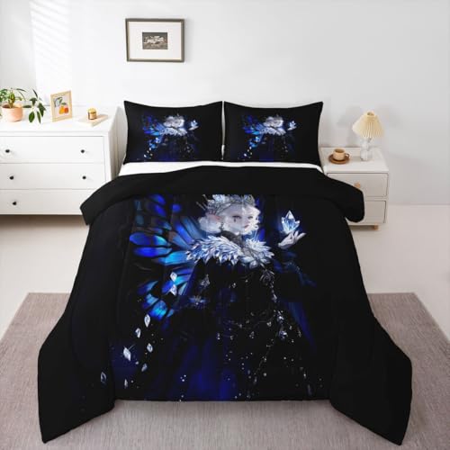 Image of Erosebridal Gothic Girls Comforter Set for Kids Boys Girls A Girl Wearing A Crown Bedding Butterfly Diamond Feather Print Duvet Set Coquette Princess Comforter Queen with 2 Pillowcases