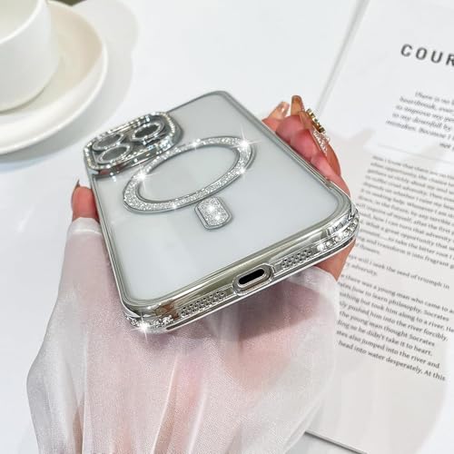 Image of DIZORO Compatible with (iPhone 15 Pro Max Case) Clear Luxury Diamond Glitter Case |Camera Lens Protector with Glitter Ring | Premium Shockproof Glossy Shiny Back Cover Case for Girls Women -Silver