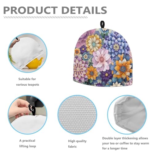 Image of Teapot Cosy Thick Wadding Tea Pot Cover Keep Warm Insulation Teapot Cozies Machine Washable Kettle Cover Breakfast Warmer Home Table Decor, Boho Flower Purple Yellow