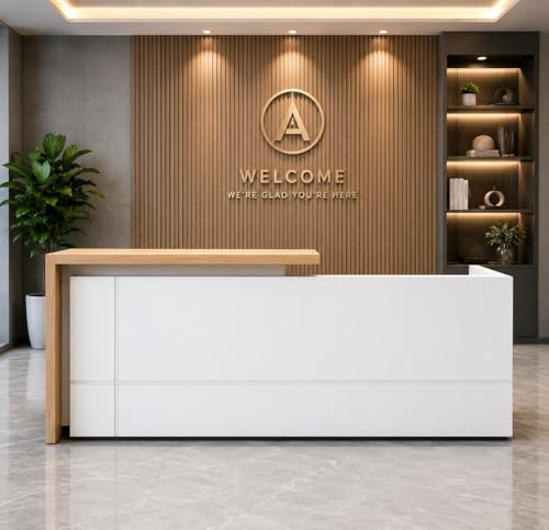 Image of Modern White Reception Desk for Office, Salon, Clinic | Luxury Front Reception Counter Table with Storage | Particle Board & Particle Board Reception Table - (RCT-034 LPB L8W2)