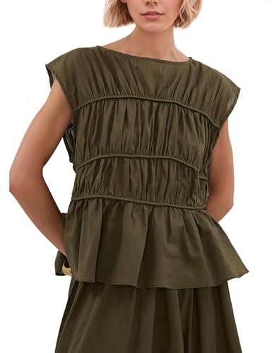 MISSACTIVER Women's Casual Tiered Shirred Tank Top Crew Neck Cap Sleeve Pleated Flared Hem Babydoll Tee Shirt Blouse Tops