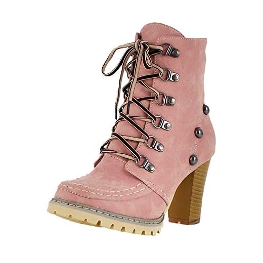 Botas de Tacón Mujer K-Youth Zapatos Mujer Invierno Moda Zapatos Altos Talones Cordones Botas Botas Mujer Invierno Altas Tacon 2019 (Rosa, 38 EU)