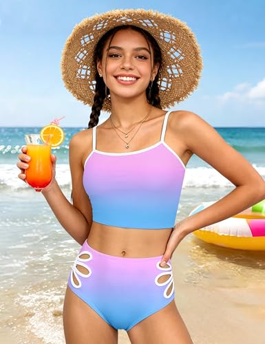 Image of Girls Tankini Swimsuit 2 Piece Bathing Suit Twist Cross Back Cutout Swim Tank Top Floral Print Swimwear for 7-18Y