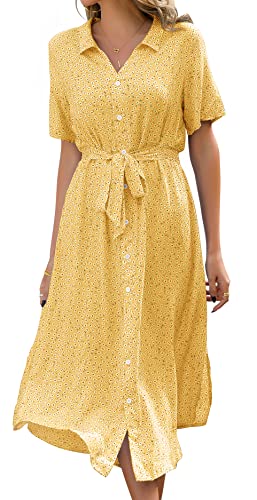 Livonmone Vestido de verano con estampado floral para mujer, vestido casual de manga corta, vestido midi con cuello en V, vestido de playa elegante con cinturón, amarillo, XL Cover
