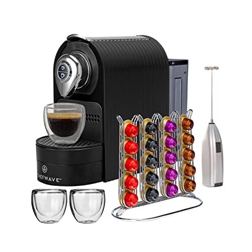 ChefWave Espresso Machine Compatible with Nespresso Capsules (Black) with Capsule Holder, and 2 Glass Cups Bundle with Handheld Milk Frother (2 items)