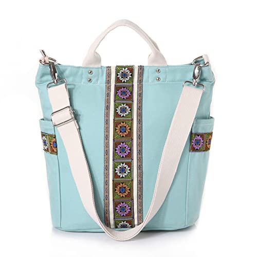 Worldlyda Damen Canvas Tote Retro Hobo Purse Multi Pocket Crossbody Schultertasche Casual Top Handle Handtasche mit Stickerei (Minzgrün) Cover