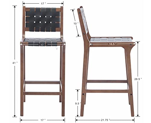 Butacos de bar Kmax de 28 pulgadas, estilo granja, con asiento de cuero sintético trenzado y patas de madera, con reposapiés, para isla de cocina — juego de 2, color negro miniatura 2