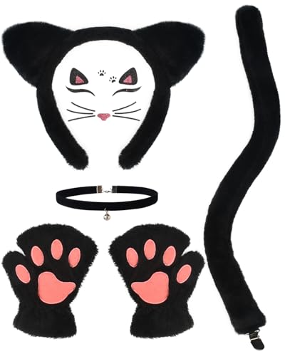 KINTOMG 5 PCS Black Cat Costume Set for Kids and Adults-Halloween Christmas Festival Theme Party Cosplay Kitty Ears and Tail with Paw Gloves Bell Collar Face Sticker
