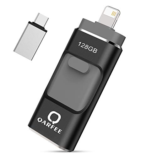 USB Flash Drive, Qarfee Photo Stick, 128GB External Storage Memory Stick Photostick Mobile, Thumb Drive USB 3.0 Compatible iPhone/iPad/PC/Type C/Android Backup OTG Smart Phone-Black