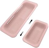 Collapsible Sink Colanders and Strainers Basket Over the Sink Colander Collapsible Colander Extendable Plastic Fruit Vegetable Strainer Drainer Basket for Kitchen(Length 14.3 inch-19.4 inch) (Pink)