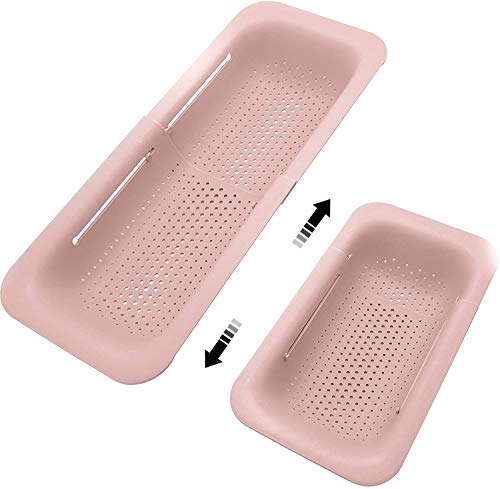 Image of Sink Colanders and Strainers Basket Retractable Plastic Fruit Vegetable Strainer Drainer Basket for Kitchen (Length 14.3 inch-19.4 inch) (Pink)