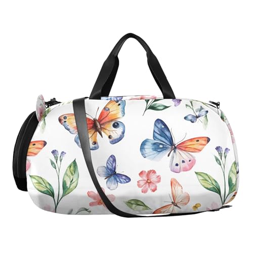 Duffle Bag for Boys or Girls with Shoes Compartment, Butterfly Flowers Pattern Sports Travel Bag Overnight2