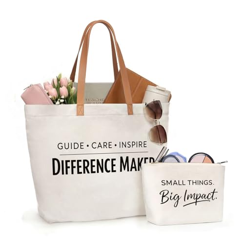 Image of ELEGANTPARK Appreciation Gifts for Women, Difference Maker Canvas Tote Set | Large zip-top tote with interior zip pocket for coworker, employee, volunteer, mentor, office assistant and farewell gifts