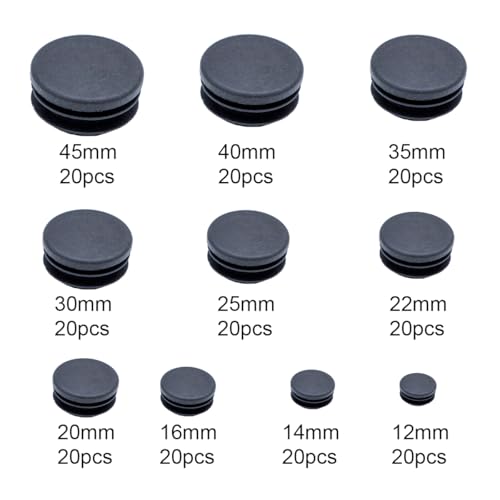 Image of 200pcs 10 Size 1 /2 inch 11 /20 inch 3 /5 inch 3 /4 inch 9 /10 inch 1 inch 1-1 /5 inch 1-1 /4 inch 1-1 /2 inch 1-3 /4 inch Round Plastic Plug Tubing End Caps Inserts, Black Pipe End Cap for Metal Tubing and Furniture Protection Glide
