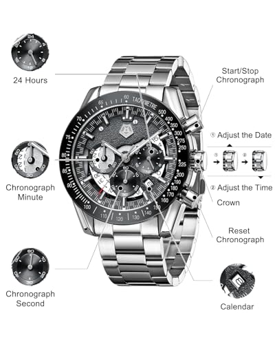 Armbanduhr Herren Edelstahl Herrenuhr Groß Uhren Herren Chronograph Analog Quarz Männer Uhr Kleid Wasserdicht 3ATM mit Kalender Business Casual – Bild 6