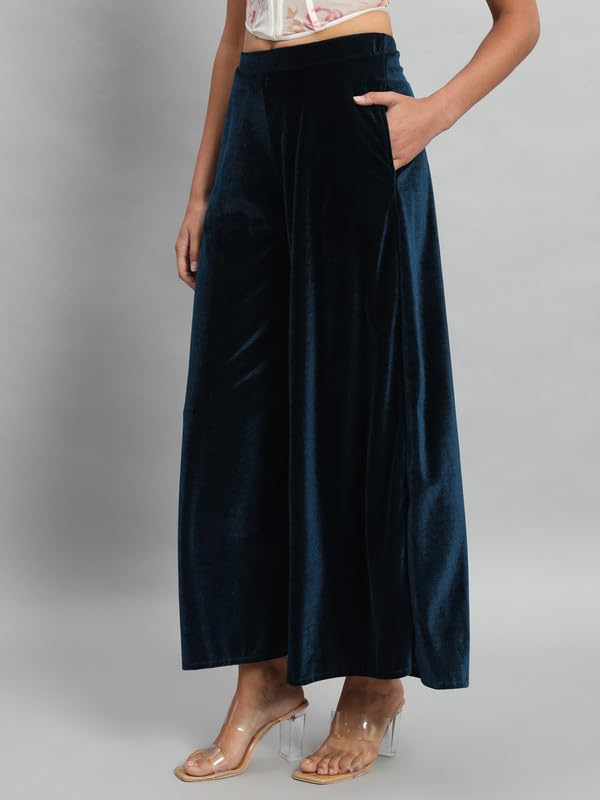 Image of Vaararo Party Trousers for Women | Shiny Velvet Fabric Wide Bottoms Stylish Palazzo Pants