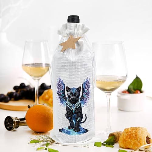 Image of 5D Diamond Painting Wine Bag, DIY Diamond Art Gift Pouch, Handmade Linen Wine Bottle Holder, Black Panther with Wings Design Decorative Champagne Wrapping for Holiday Party and Festive Gifts