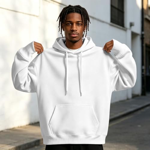 WWPPAION Fleece Pullover Men Hoodie Trendy Drawstring Sweatshirt Pullover Fall Outfits Casual Long Sleeve Shirts With Pocket White - 2