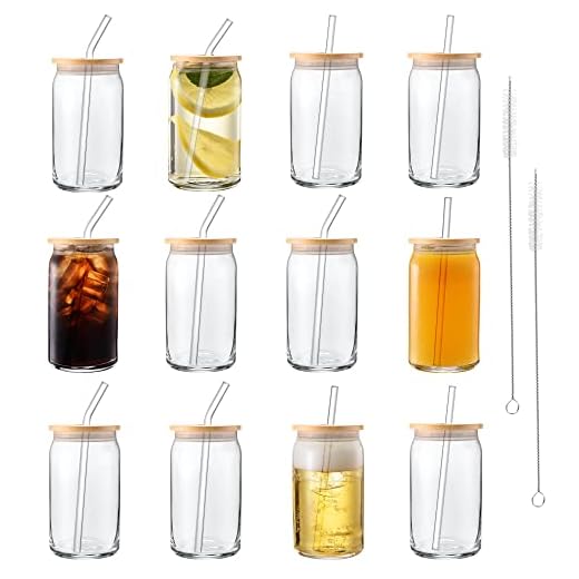 Beer Can Glass, Drinking Cups With Straws and Lids, Can Shaped Glass Cups 16 oz, Glass Cups Set Of 12, Beer Glasses Drinking Glasses Bulk, Ideal For Beer, Soda, Iced Coffee, Smoothies, Cocktails