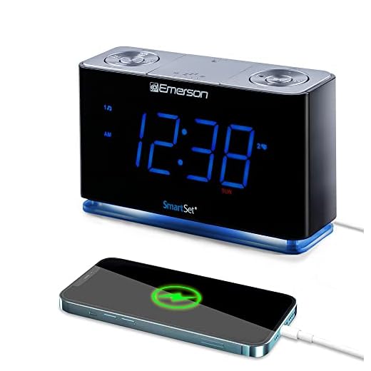 Emerson CKS1507 Smartset Radio Alarm Clock, 1.4" Blue LED Digital Display, USB Charging Port, Brightness Dimmer Controls, Bluetooth Connectivity, Set Alarm to Radio, Music, or Buzzer, Black