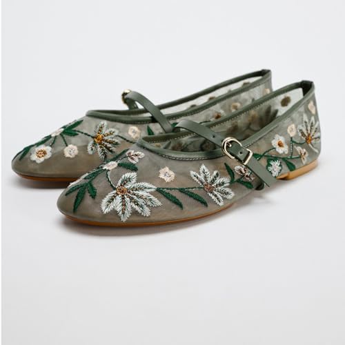 Image of MRKEWUNEY Mesh Ballet Flats for Women Embroidered Floral Round Toe Mary Jane