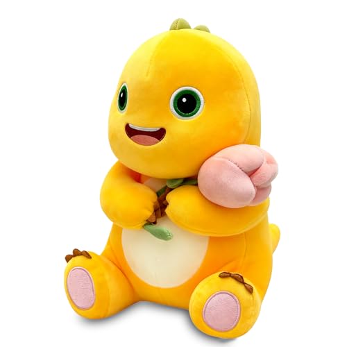 Fesuphy 35cm Dinosaur Plush Pillow with Flower Cute Dinosaur Stuffed Animal Soft Yellow Dino Plush Doll Kawaii Plush Pillow for Home Decoration