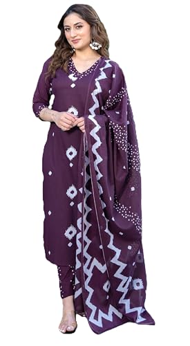 Image of Arayna Women's Pure Cotton Bandhani Print Ethnic Kurta Set with Palazzo Pants & Dupatta