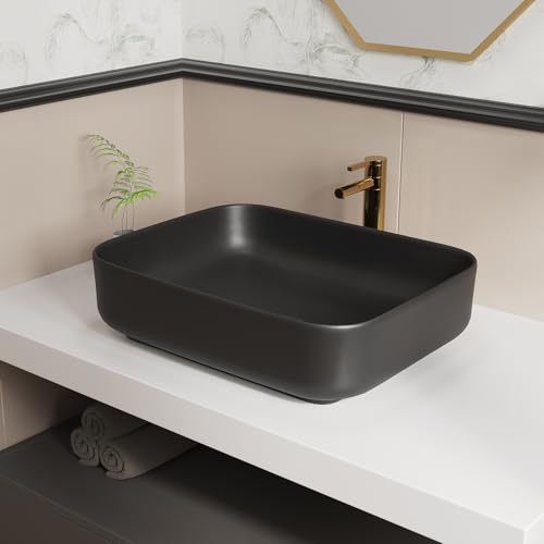 ELLAI Bathroom Vessel Sink Rectangle Above Counter Porcelain Ceramic Top Mount Rectanglar Countertop Sink for Bathroom 19.7'x15.2'x5.4' Matte Black with Pop Up Drain