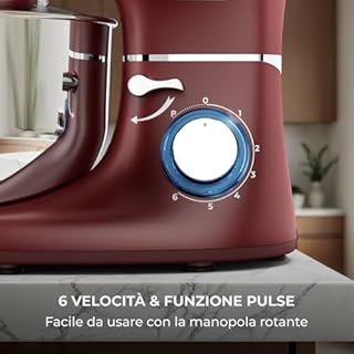 Fentic Impastatrice Planetaria - 2000W - Ciotola in Acciaio Inossidabile (6,2 L) con Frusta, Gancio Impastare e Mescolatore - Inclusa e accessori extra - Rosso