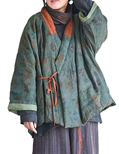 NFYM Women's Cotton Padded Short Jacket Kimono Cardigan Wrap Front Chinese Hanfu Style Printed Patchwork Loose Outwear2