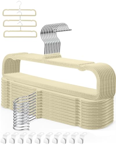 Image of Beige Velvet Hangers Non-Slip 20 Pack Felt Hangers for Pants Trouser Hanger | 360 Swivel Silver Hook, Thin Space Saving Clothes Hanger for Jeans Slacks, Slim Perchas Terciopelo, Perchas para Pantalones