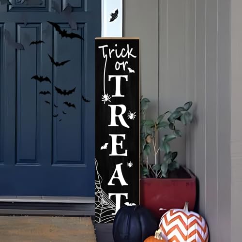 Halloween Porch Sign Trick or Treat Wooden Welcome Sign with Bats Spiders and Spider Web Design Vertical Front Door Sign for Entryway Farmhouse Halloween Porch Decor 31.5 Inch