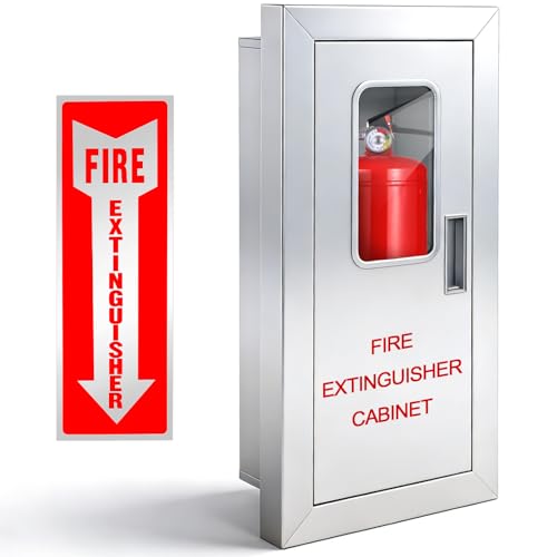 Fire Extinguisher Cabinet for 10/5/2.5 lb Extinguishers Semi-Recessed Fire Extinguisher Box Wall Mount with Acrylic Window & Reflective Sign Outdoor Fire Extinguisher Case White Steel 27.5x12x6.5