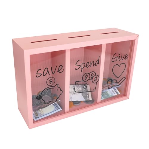Mczxon Wooden Give Save Spend Money Saving Box for Kids, Money Coin Savings Piggy Bank Jar Box for Kid Safe Money Saver, Teach Children About Giving...