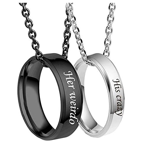 MJartoria Matching Necklaces for Couples-His and Her Engraved Ring Pendant Necklaces Anniversary Valentines Day Gifts for Boyfriends Girlfriends (Black+Silver, Her Weirdo His Crazy) Cover