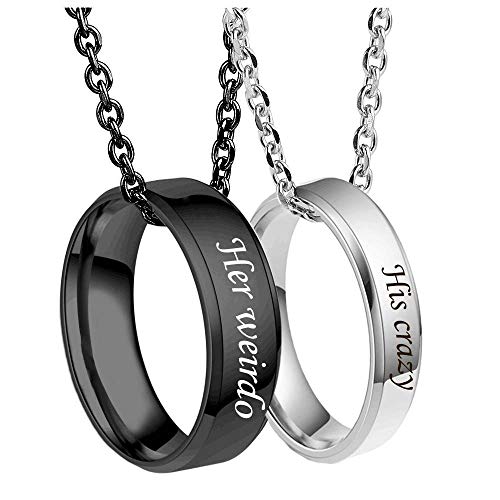 MJartoria Matching Necklaces for Couples-His and Her Engraved Ring Pendant Necklaces Anniversary Valentines Gifts for Boyfriends Girlfriends