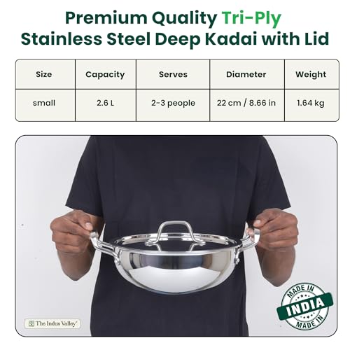 Image of The Indus Valley Triply Stainless Steel Deep Kadai /Kadhai 2.6 LTR with Stainless Steel Lid | 22 cm / 8.66 inch,1.64kg | Induction Friendly | Nonstick 3-Layer Body, 100% Pure & Toxin-Free