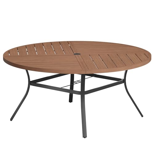 Image of VICLLAX Round Patio Table with Adjustable Umbrella Hole for 8, All Weather Metal Outdoor Dining Table for Lawn Garden, 59.8 inch Outdoor Coffee Table, Walnut Wood-Like Tabletop